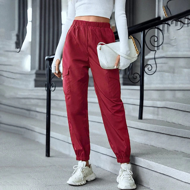 Solid Full Length Cargo Pants Elastic Waist Summer