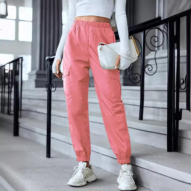 Solid Full Length Cargo Pants Elastic Waist Summer