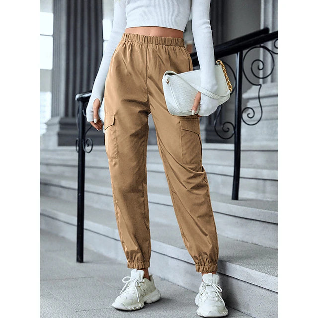 Solid Full Length Cargo Pants Elastic Waist Summer