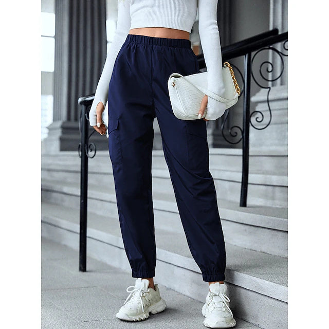 Solid Full Length Cargo Pants Elastic Waist Summer
