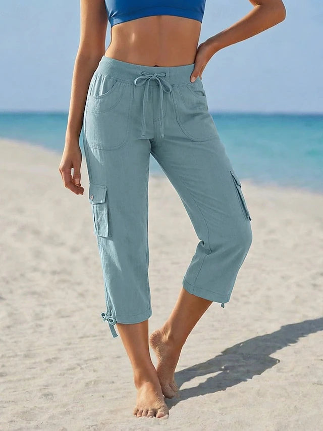 Solid Capri Cargo Pants High Waist Non-Stretch Spring Summer