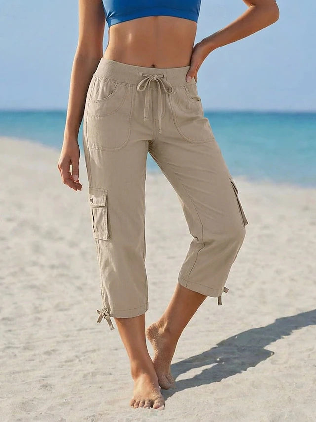 Solid Capri Cargo Pants High Waist Non-Stretch Spring Summer