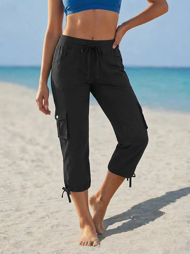 Solid Capri Cargo Pants High Waist Non-Stretch Spring Summer