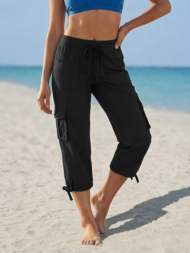 Solid Capri Cargo Pants High Waist Non-Stretch Spring Summer