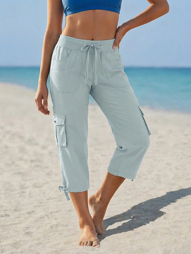 Solid Capri Cargo Pants High Waist Non-Stretch Spring Summer