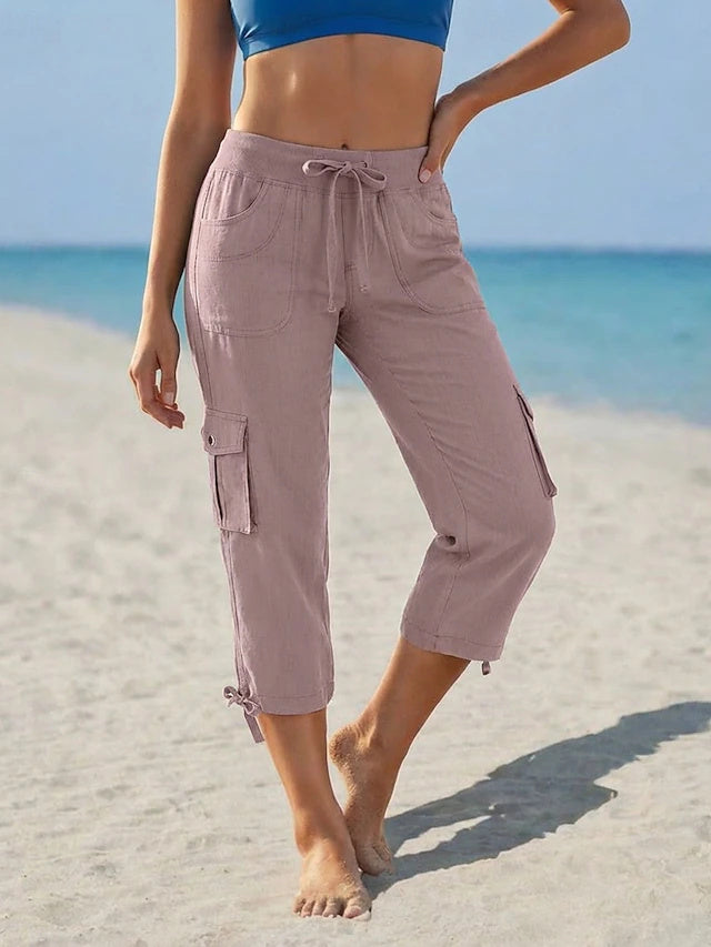 Solid Capri Cargo Pants High Waist Non-Stretch Spring Summer