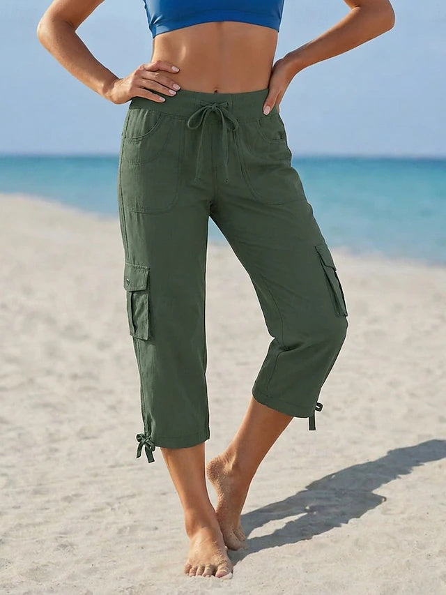 Solid Capri Cargo Pants High Waist Non-Stretch Spring Summer