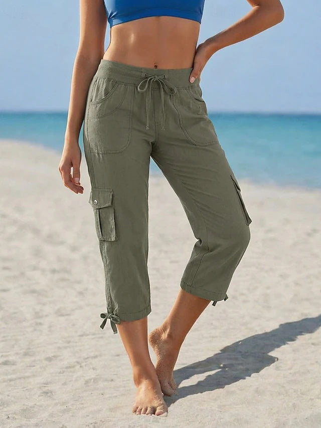 Solid Capri Cargo Pants High Waist Non-Stretch Spring Summer
