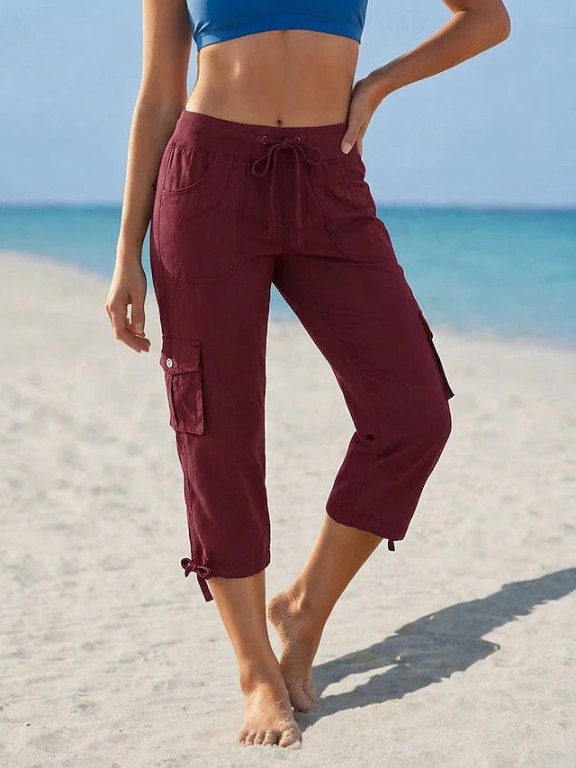 Solid Capri Cargo Pants High Waist Non-Stretch Spring Summer