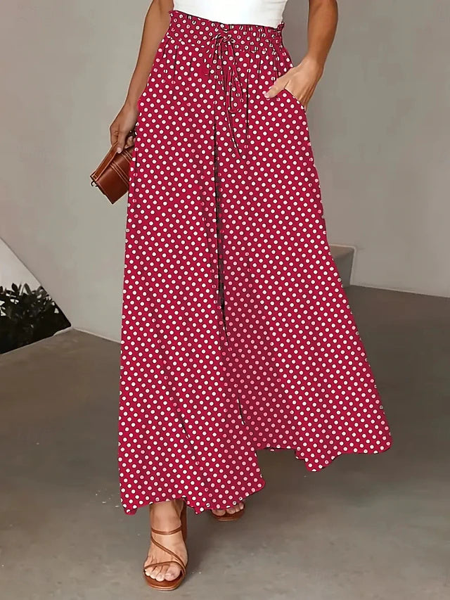 High Waist Pants Polka Dot Pockets Slight Stretch Summer