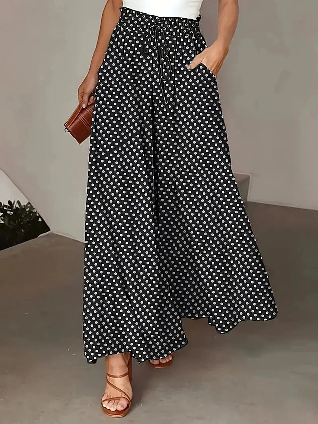 High Waist Pants Polka Dot Pockets Slight Stretch Summer