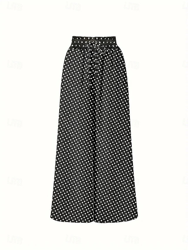 High Waist Pants Polka Dot Pockets Slight Stretch Summer