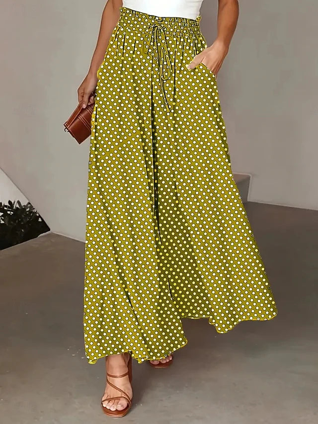High Waist Pants Polka Dot Pockets Slight Stretch Summer