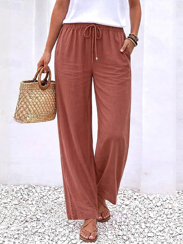 Linen Wide Leg Pants Elastic Waist Stretch Summer