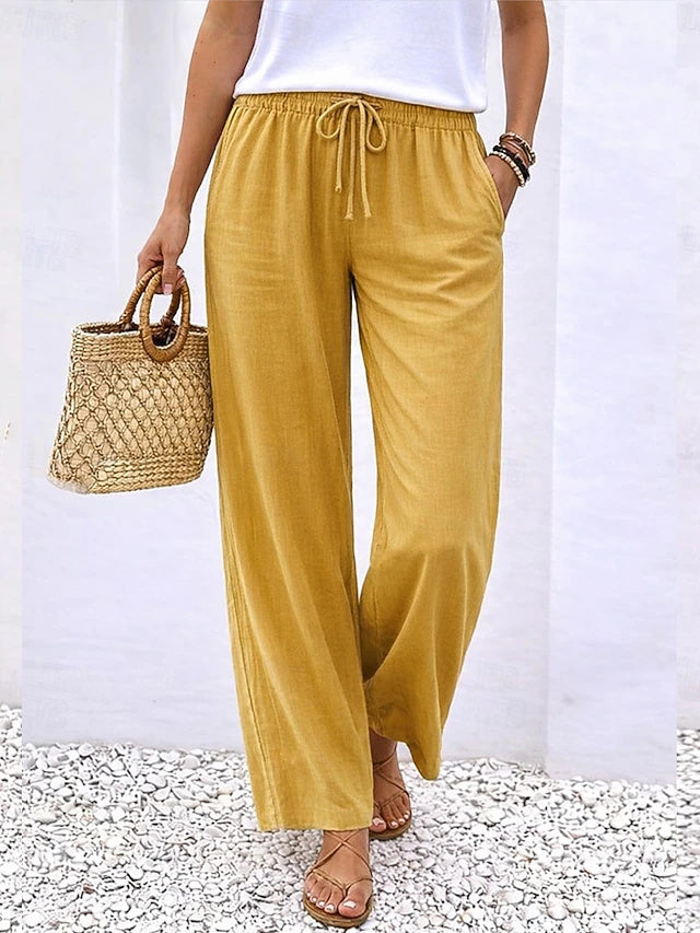 Linen Wide Leg Pants Elastic Waist Stretch Summer