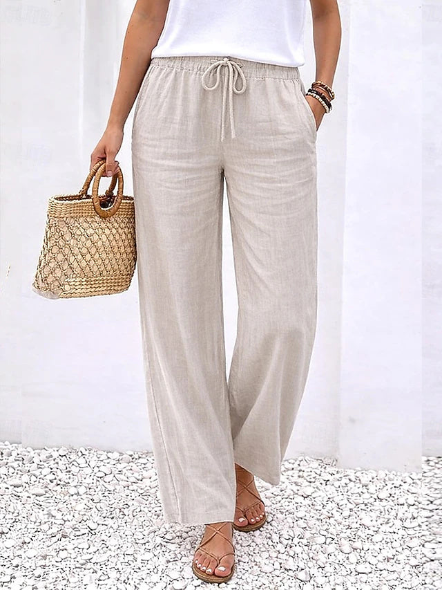Linen Wide Leg Pants Elastic Waist Stretch Summer