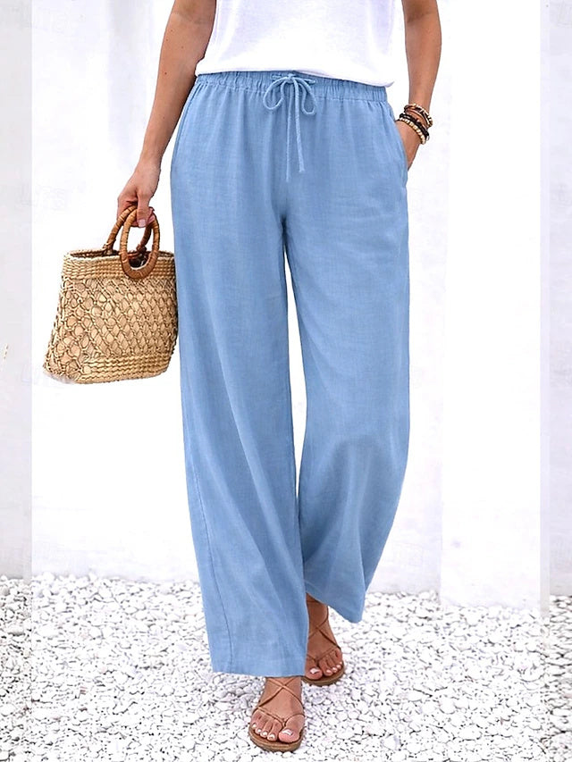 Linen Wide Leg Pants Elastic Waist Stretch Summer