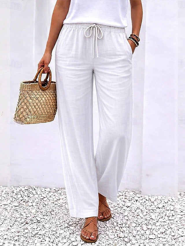 Linen Wide Leg Pants Elastic Waist Stretch Summer