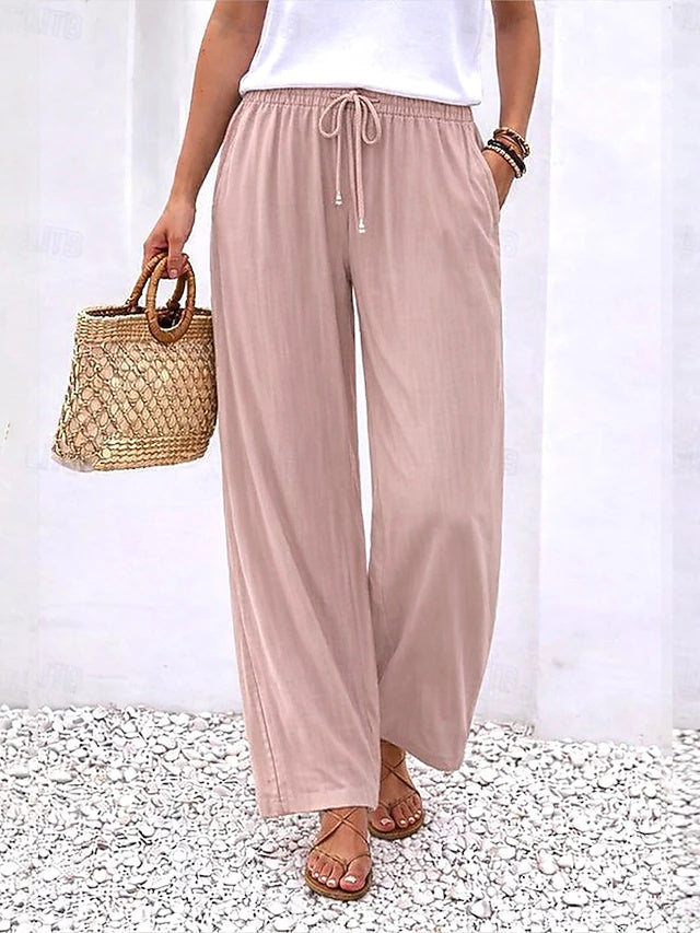 Linen Wide Leg Pants Elastic Waist Stretch Summer