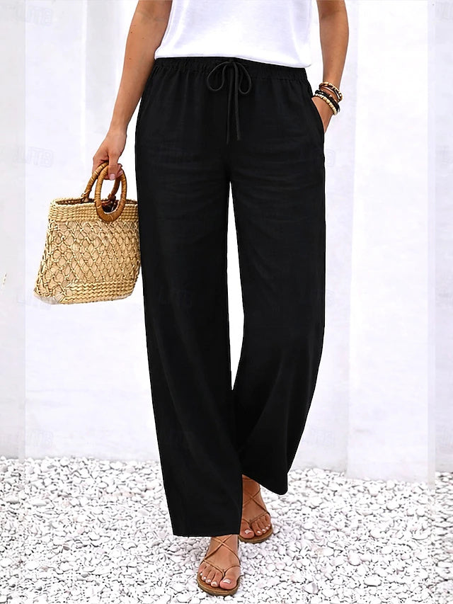 Linen Wide Leg Pants Elastic Waist Stretch Summer