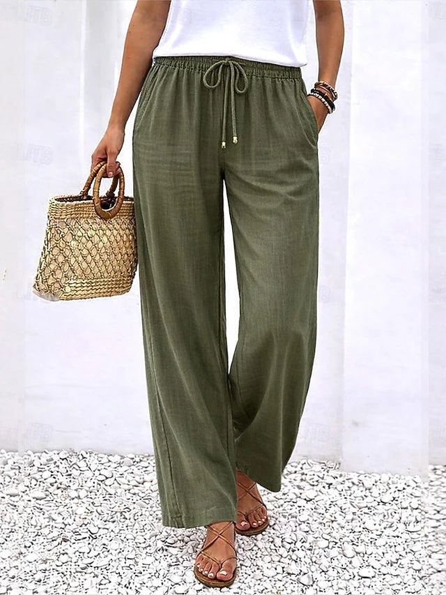 Linen Wide Leg Pants Elastic Waist Stretch Summer