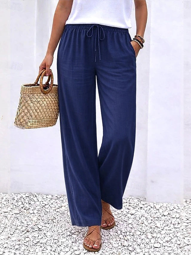Linen Wide Leg Pants Elastic Waist Stretch Summer