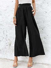 Solid Twill Wide Leg Pants Elastic Waist Spring Summer