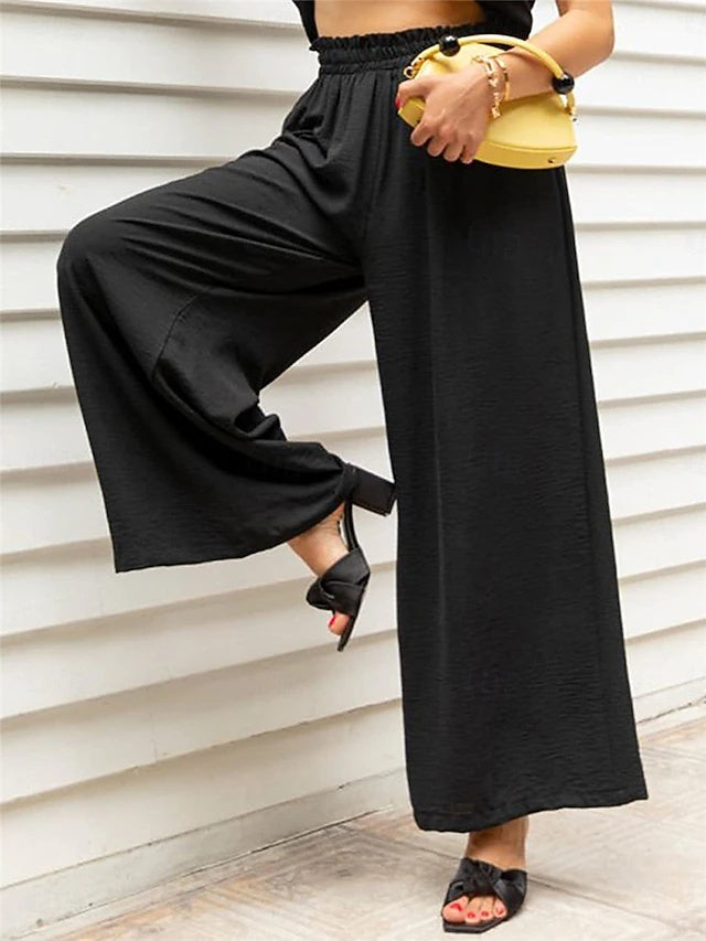 Solid Twill Wide Leg Pants Elastic Waist Spring Summer