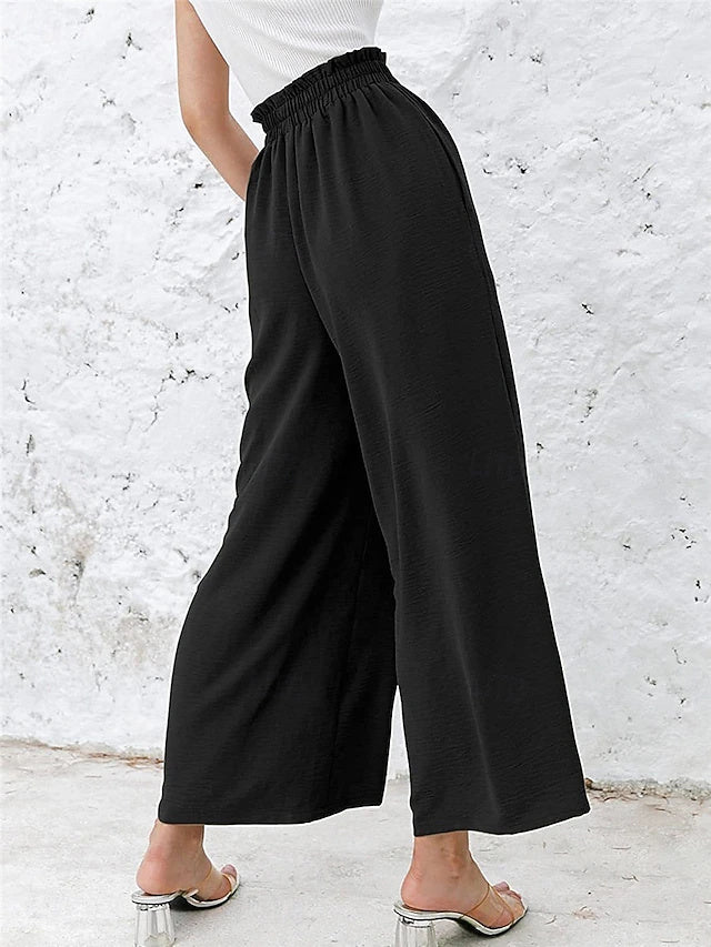 Solid Twill Wide Leg Pants Elastic Waist Spring Summer