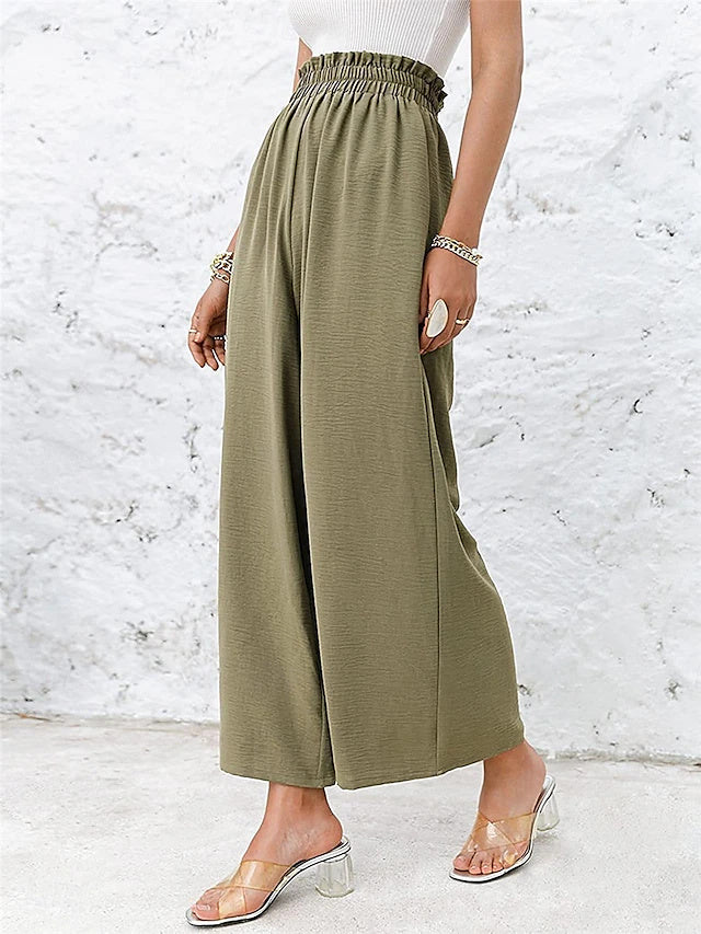 Solid Twill Wide Leg Pants Elastic Waist Spring Summer