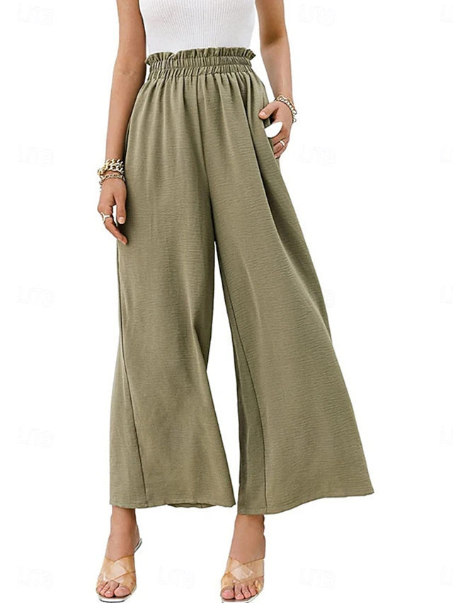 Solid Twill Wide Leg Pants Elastic Waist Spring Summer