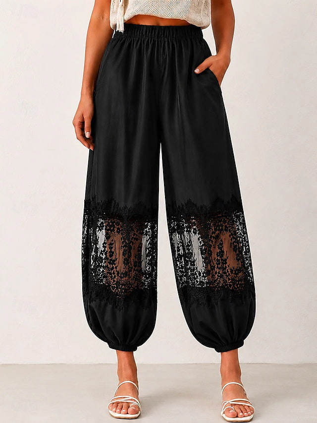 Bohemian Tapered Pants Lace Hollow Out Non-Stretch