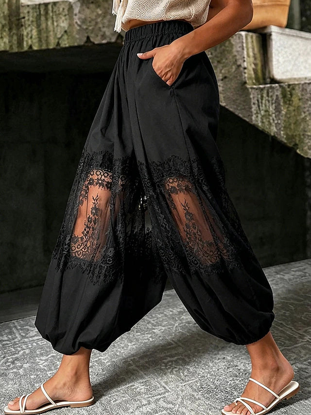 Bohemian Tapered Pants Lace Hollow Out Non-Stretch