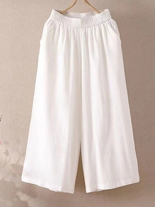 Solid Wide Leg Capri Pants Elastic Waist Summer Beach