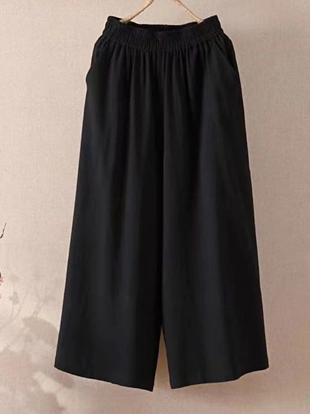 Solid Wide Leg Capri Pants Elastic Waist Summer Beach