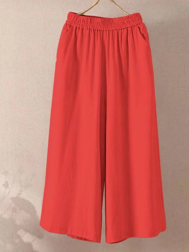 Solid Wide Leg Capri Pants Elastic Waist Summer Beach