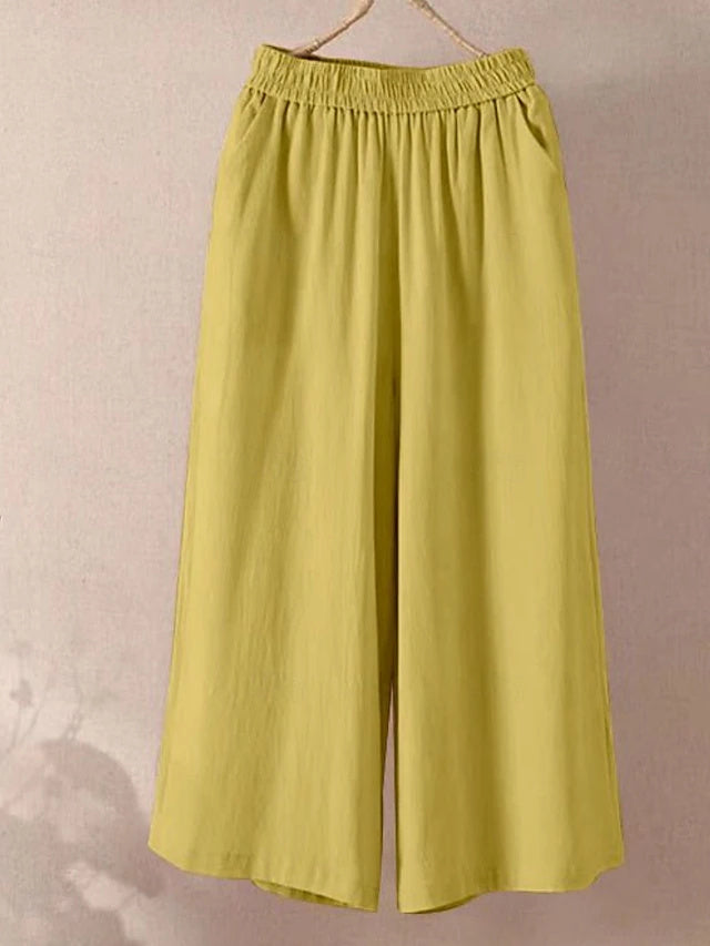 Solid Wide Leg Capri Pants Elastic Waist Summer Beach