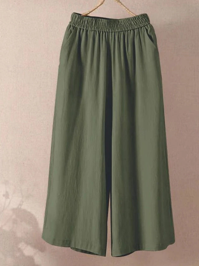 Solid Wide Leg Capri Pants Elastic Waist Summer Beach
