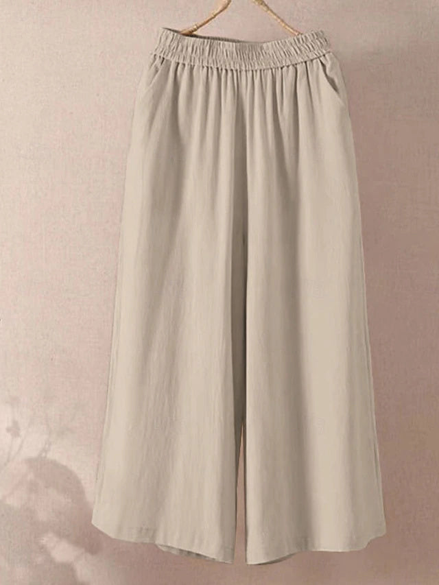 Solid Wide Leg Capri Pants Elastic Waist Summer Beach