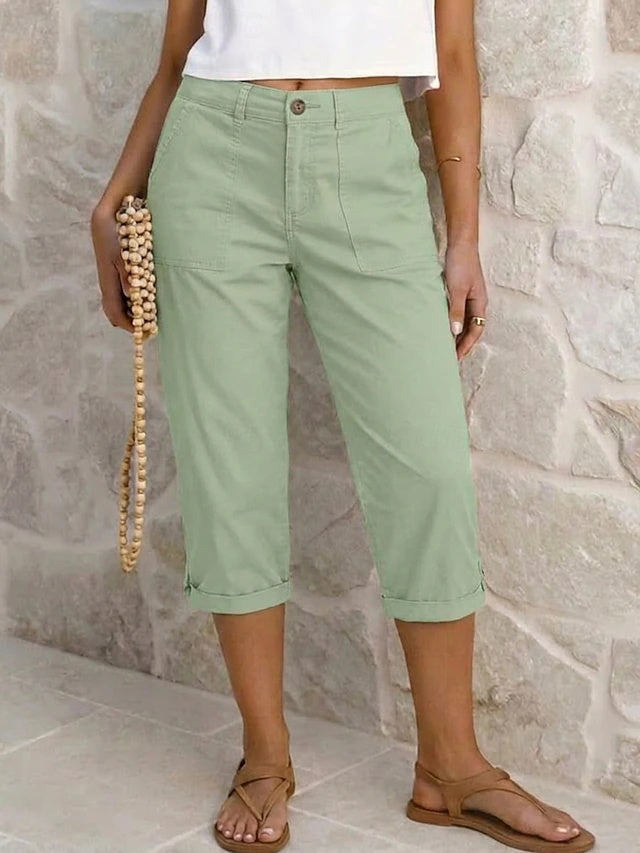 Retro Capri Cargo Pants Solid Non-Stretch Spring Summer