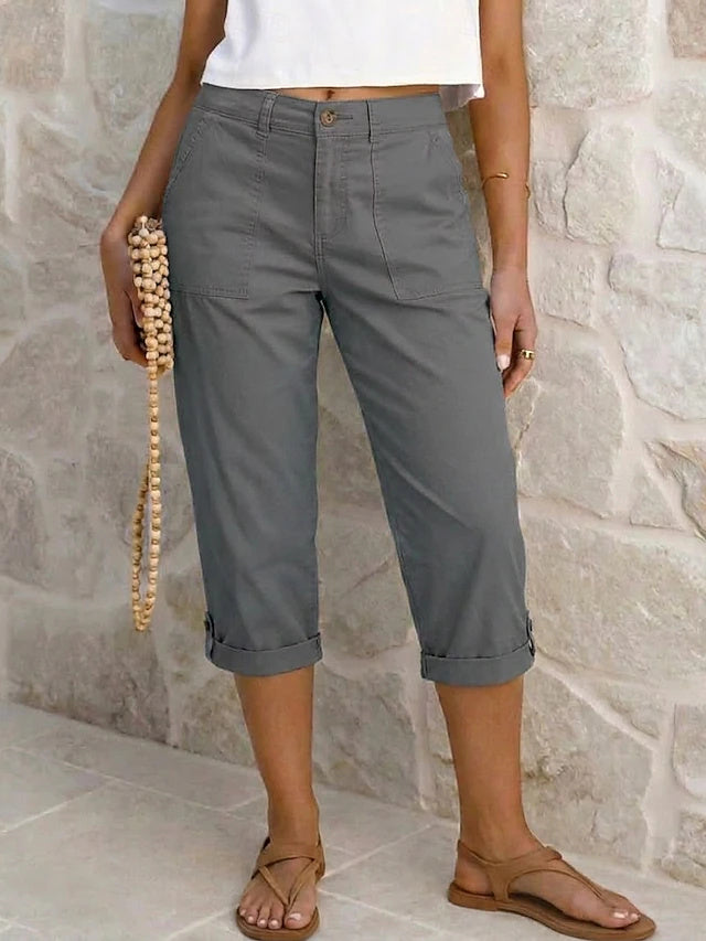 Retro Capri Cargo Pants Solid Non-Stretch Spring Summer