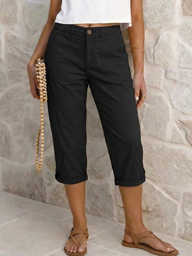 Retro Capri Cargo Pants Solid Non-Stretch Spring Summer