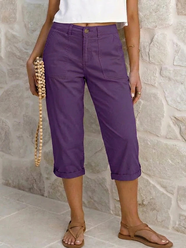 Retro Capri Cargo Pants Solid Non-Stretch Spring Summer