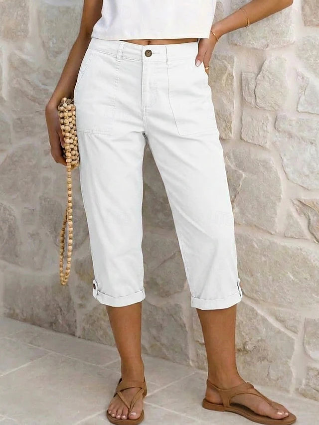 Retro Capri Cargo Pants Solid Non-Stretch Spring Summer