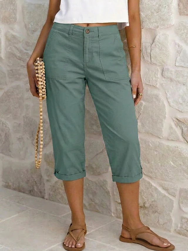 Retro Capri Cargo Pants Solid Non-Stretch Spring Summer