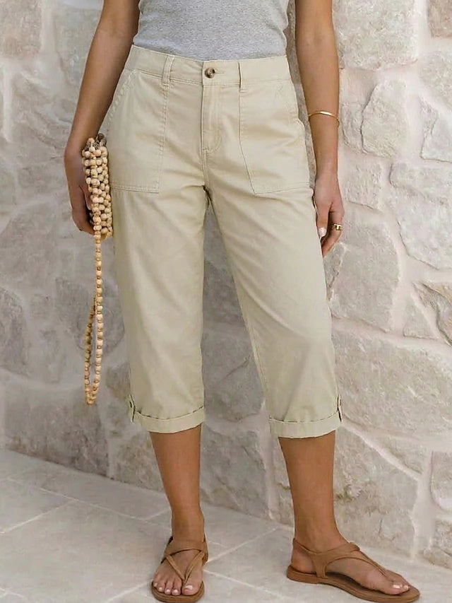 Retro Capri Cargo Pants Solid Non-Stretch Spring Summer