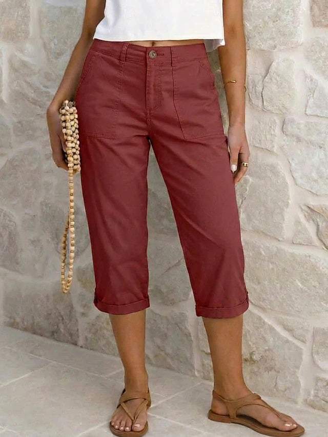 Retro Capri Cargo Pants Solid Non-Stretch Spring Summer
