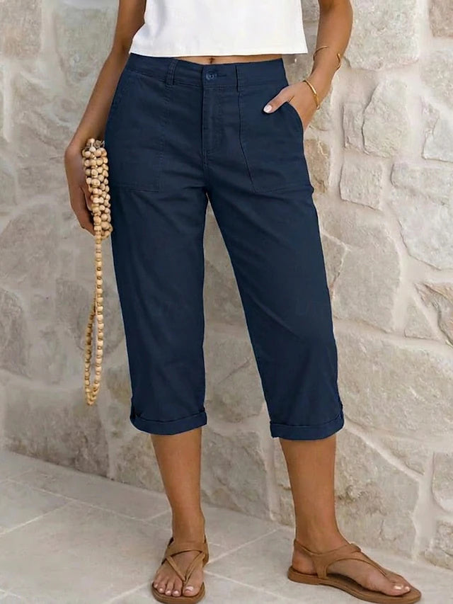Retro Capri Cargo Pants Solid Non-Stretch Spring Summer