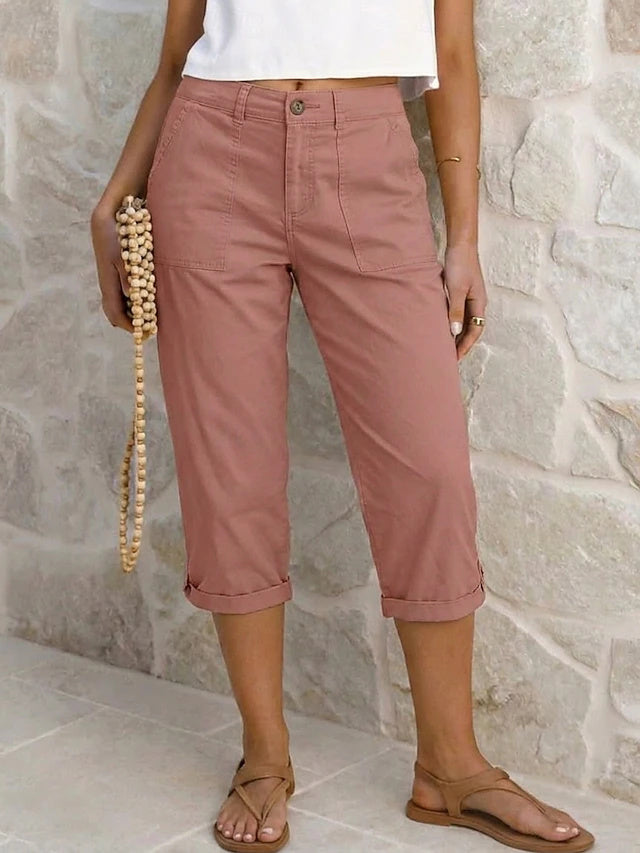 Retro Capri Cargo Pants Solid Non-Stretch Spring Summer