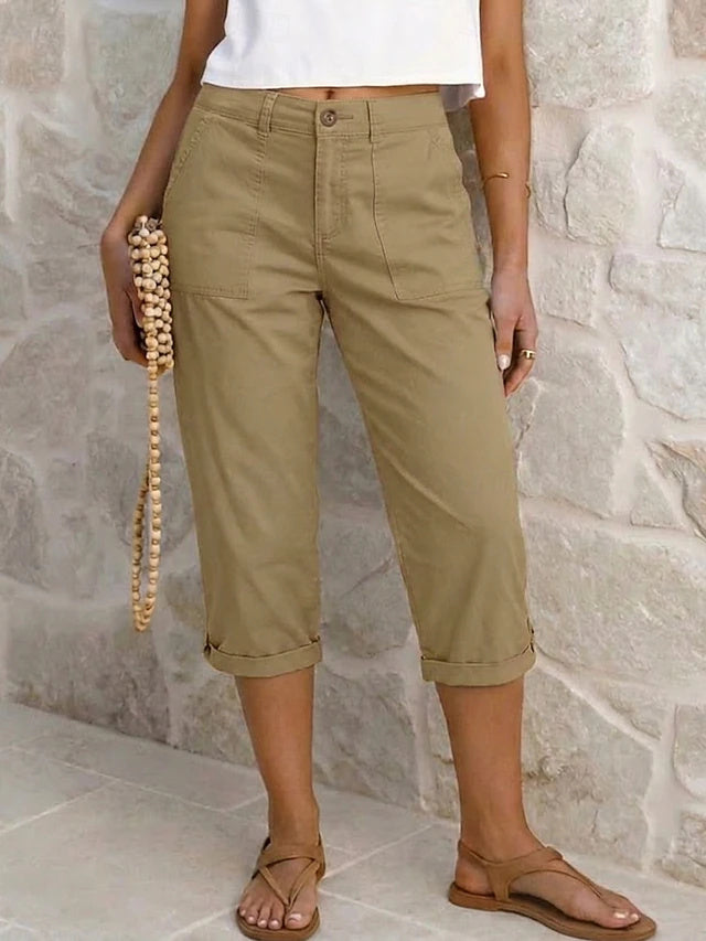 Retro Capri Cargo Pants Solid Non-Stretch Spring Summer